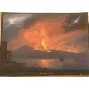 C. de Vito (attr.) Éruption nocturne du Vésuve de 1822, gouache napolitaine - Naples Italie