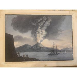 École napolitaine - Éruption de cendres de 1822 - Vésuve, Naples, Italie, gouache