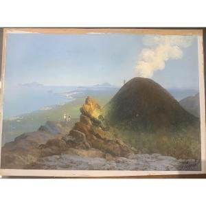 Antonio Coppola - Sur le Vésuve - Gouache napolitaine - Éruption de Naples - Grand Tour Italie