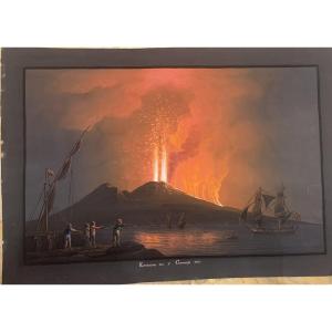 George Glass - Eruption Of Vesuvius,night 1812 - Naples - Neapolitan Gouache - Grand Tour Italy