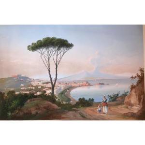 Gioacchino La Pira - View Of Naples - Gouache - Signed 1850 Ca Neapolitan - Italy -