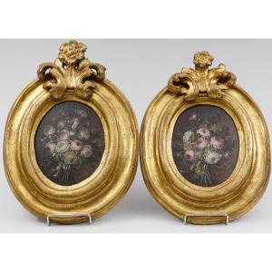 Magnificent Pair Of Bouquet Of Flowers From The End Of The 17th Century On Wood