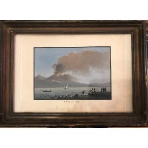 Neapolitan School - Eruption Of Vesuvius 1829 - Gouache - Frame XVIII S Naples