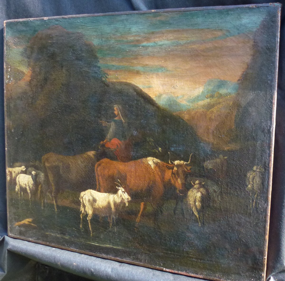 Painting Landscape Peasant Woman And Her Animals Oil / Canvas From The XIXth Century-photo-7