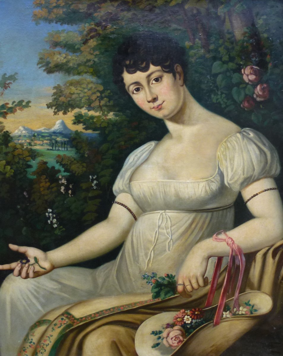 Portrait De Jeune Femme Epoque Ier Empire Huile Sur Toile Du XIXème Siècle-photo-2