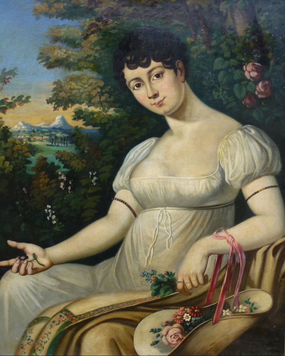 Portrait De Jeune Femme Epoque Ier Empire Huile Sur Toile Du XIXème Siècle-photo-3