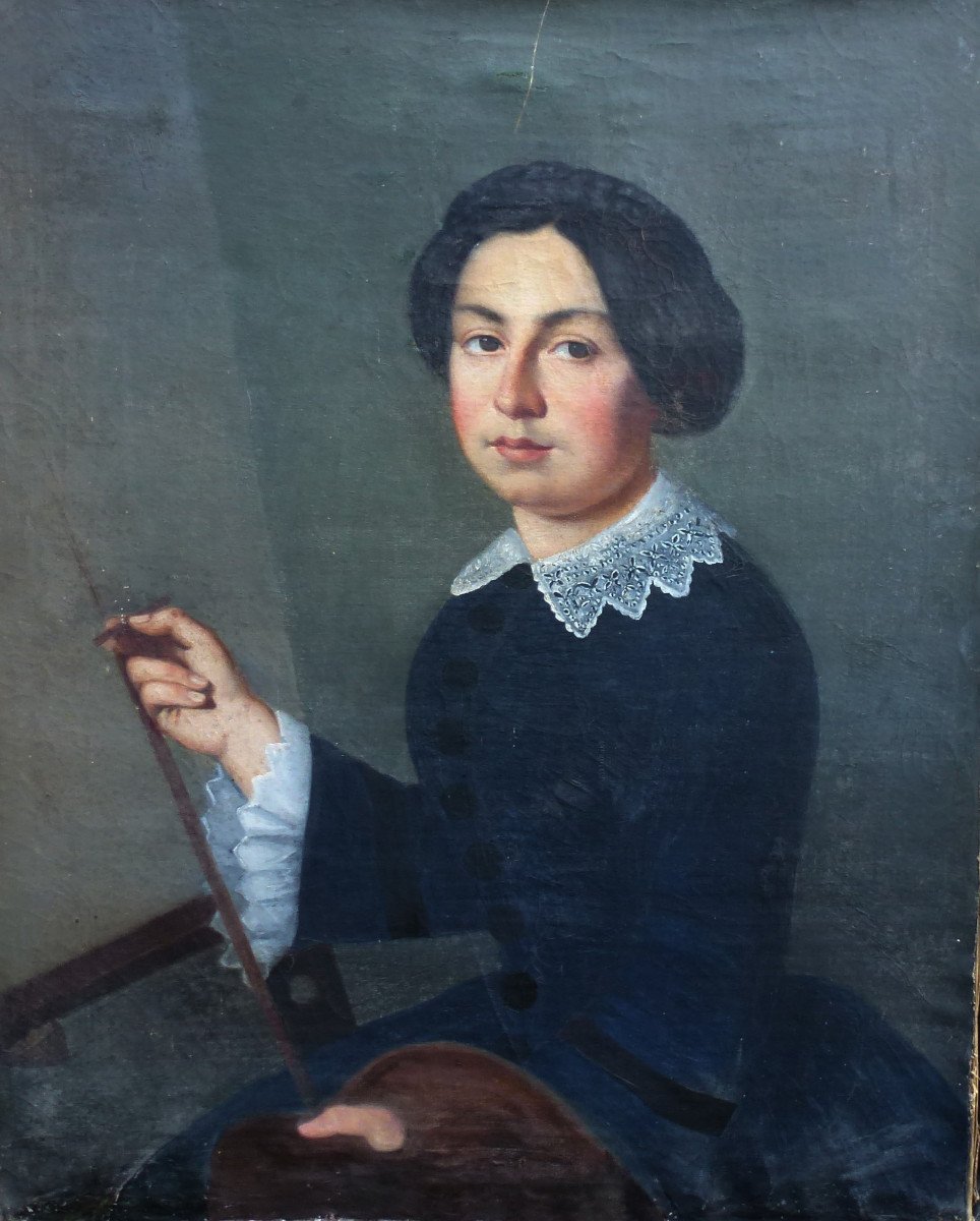 Portrait De Femme à Le Peinture Ecole Française Du XIXème Siècle Huile/toile-photo-2