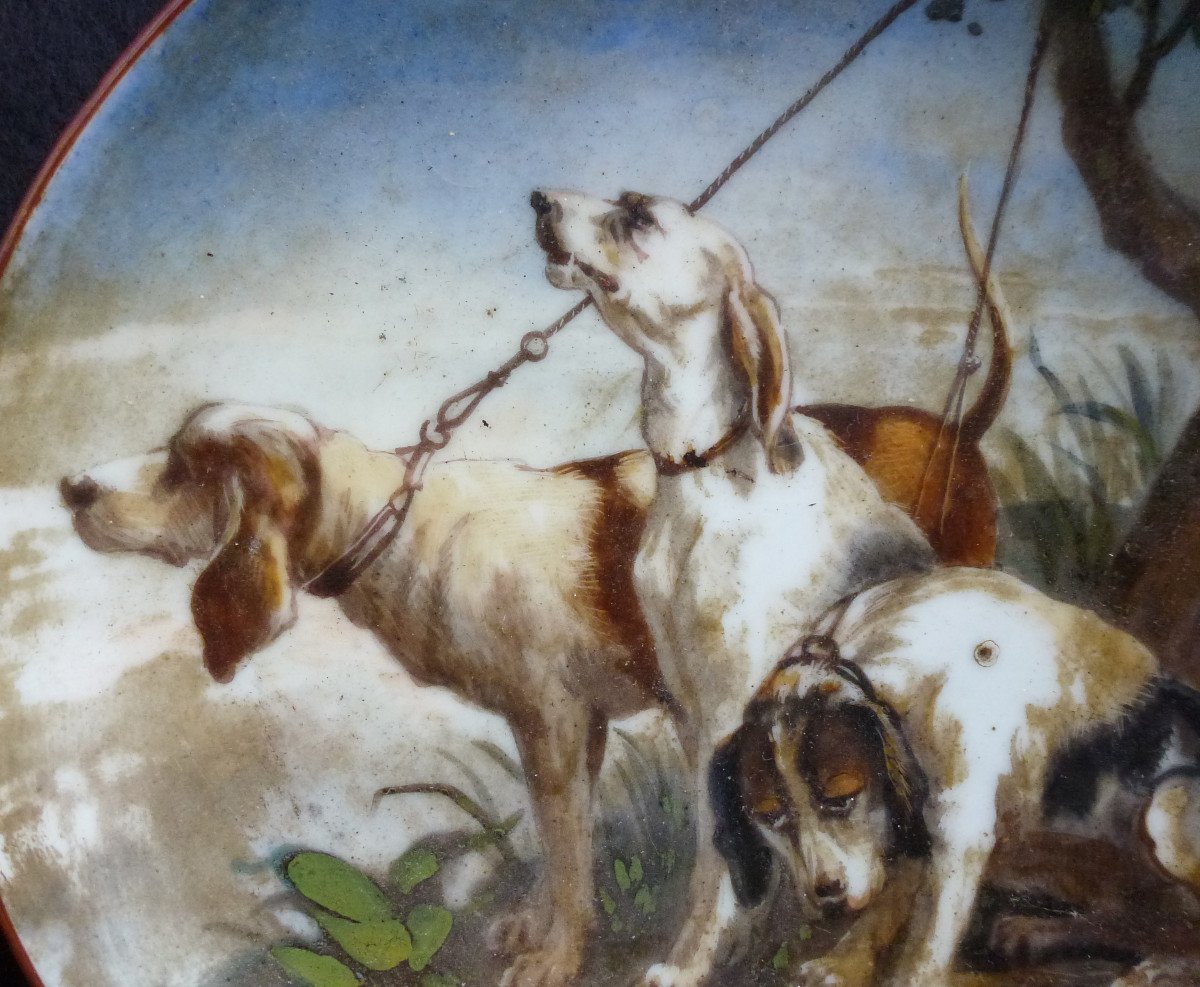 Table Hunting Dogs Painting On Porcelain From The XIXth Century Signed-photo-3
