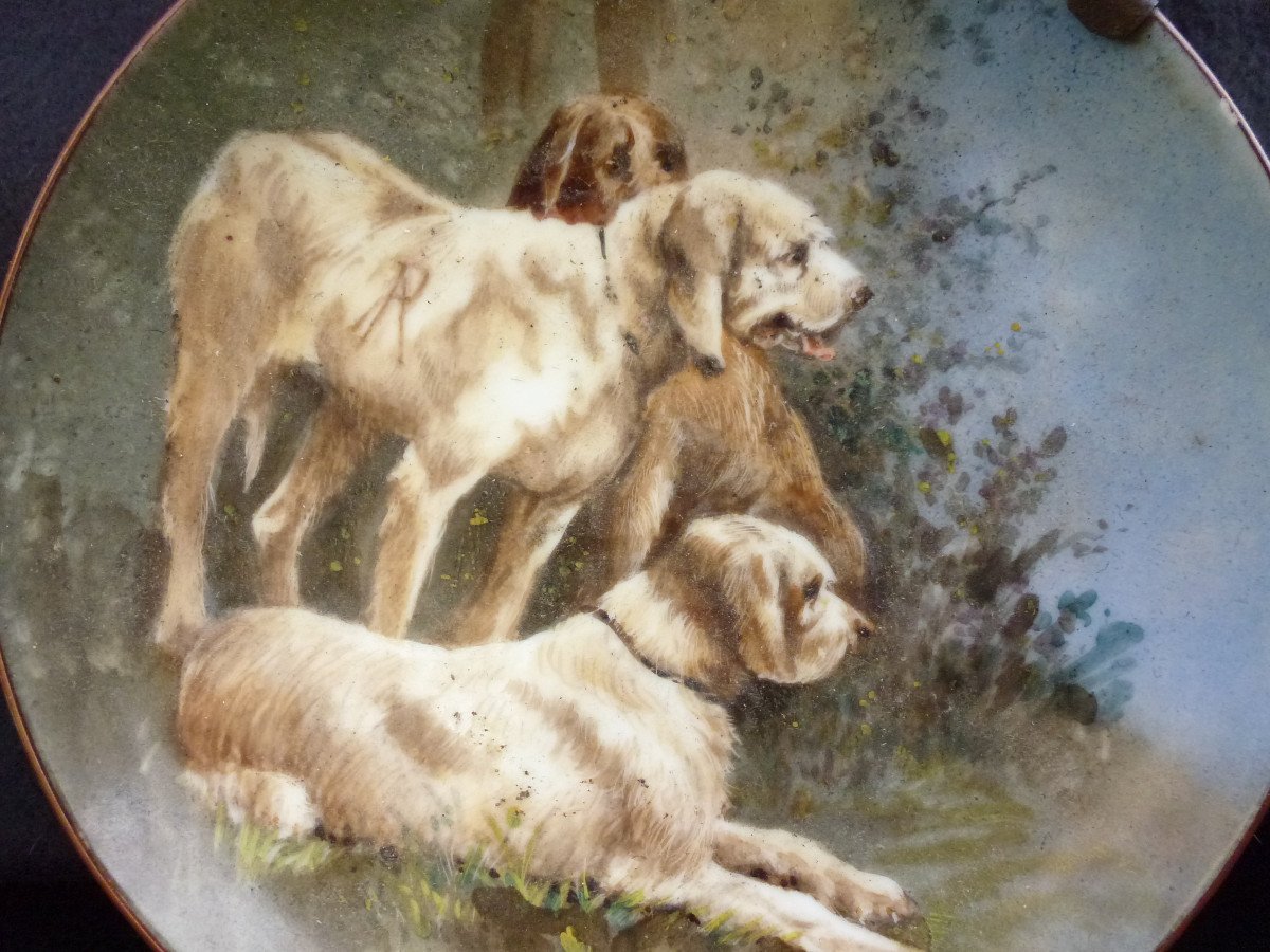 Tableau Chiens De Chasse Peinture Sur Porcelaine Du XIXème Siècle Signée-photo-1