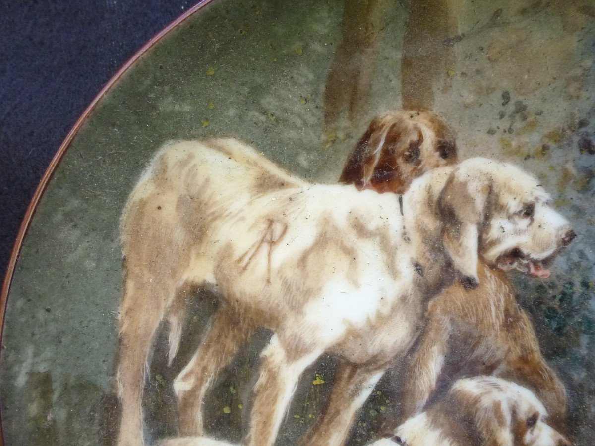 Tableau Chiens De Chasse Peinture Sur Porcelaine Du XIXème Siècle Signée-photo-2