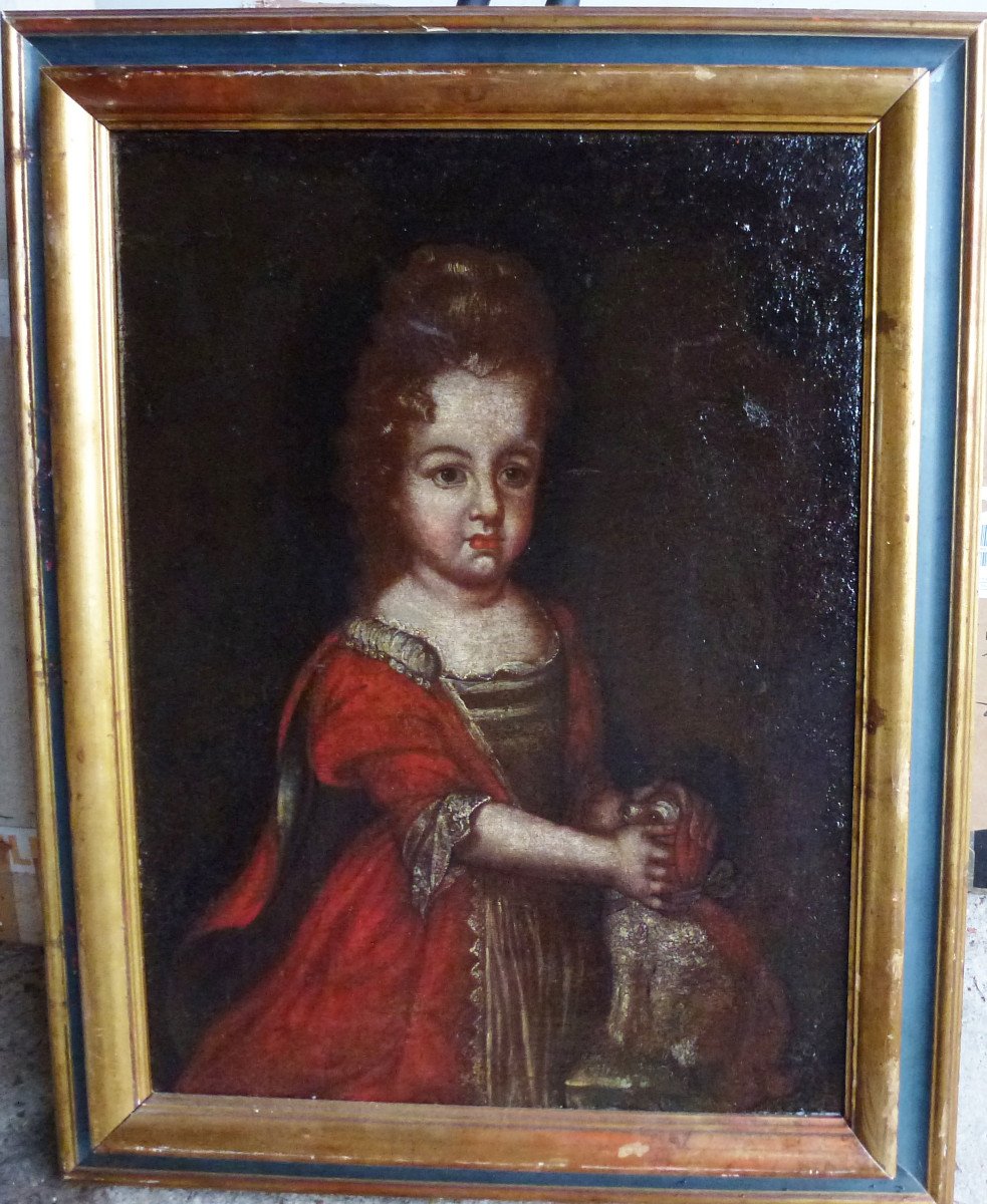 Portrait Of Girl With Dog French School Late 17th Century Oil On Canvas