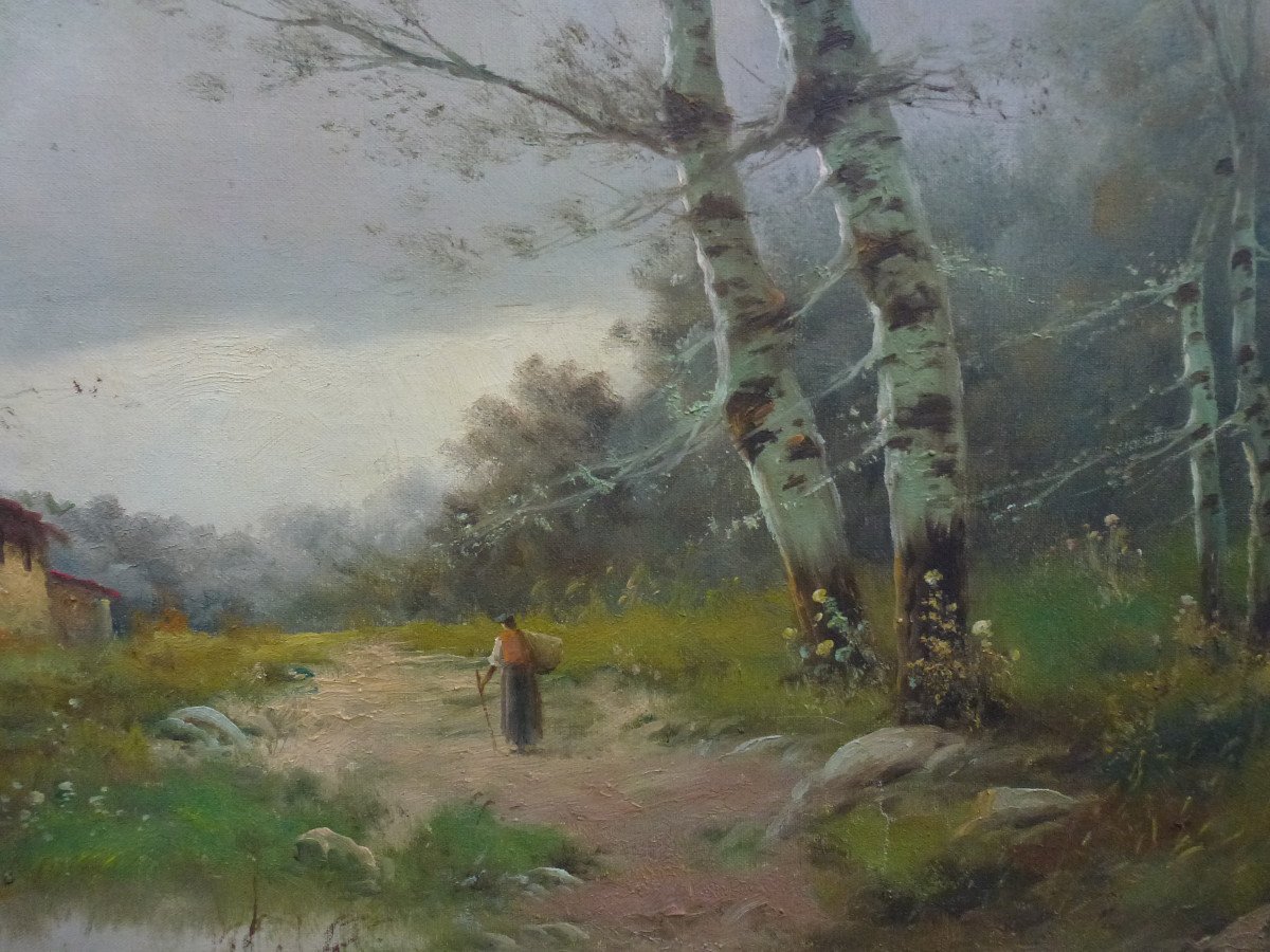 J. Esteve Tableau Paysage Maison Au Bord De l'Etang Huile/toile Du XIXème Siècle-photo-1