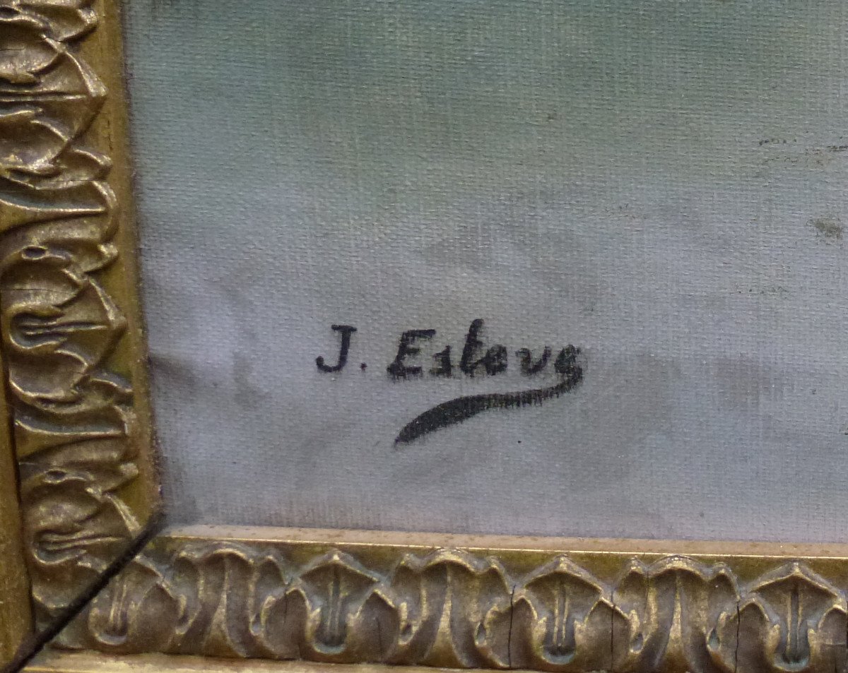 J. Esteve Tableau Paysage Maison Au Bord De l'Etang Huile/toile Du XIXème Siècle-photo-2