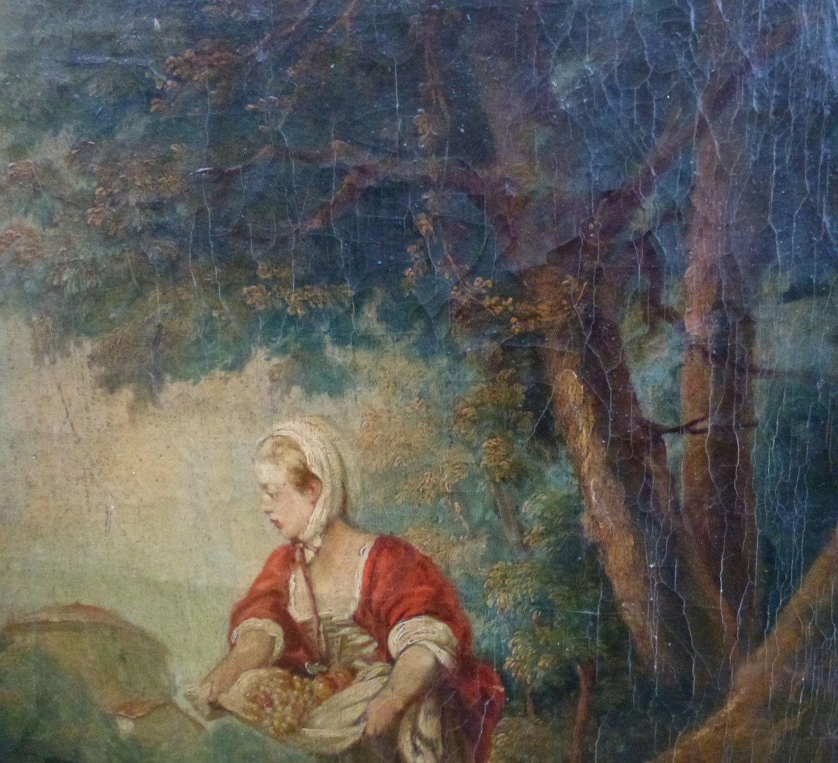 Scène De Genre Champêtre Marchande De Fruits Huile/toile Du XVIIIème Siècle-photo-5