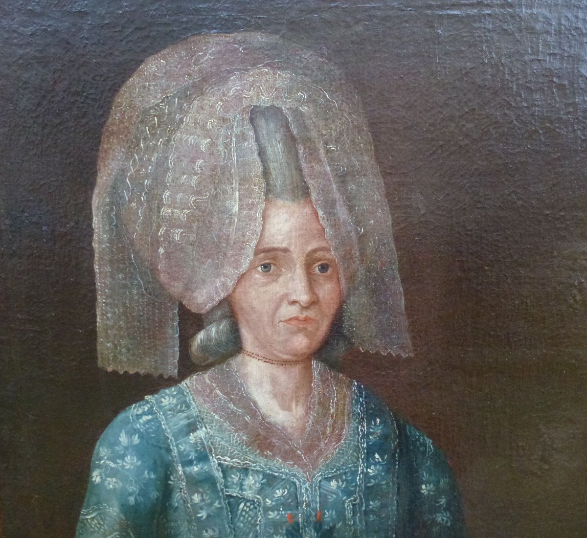 Portrait Of Woman With Headdress Louis XVI Period Oil / Canvas From The Eighteenth Century-photo-1