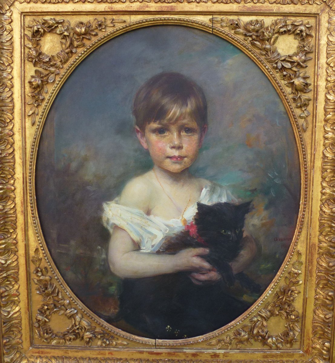 Charles Walhain Portrait Of A Young Boy With A Cat Oil/canvas Early 20th Century-photo-4