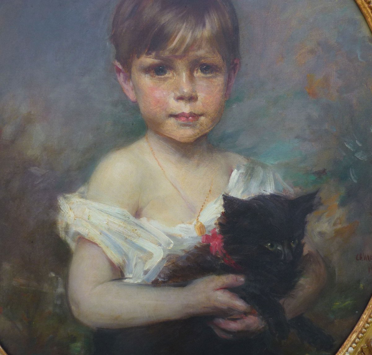 Charles Walhain Portrait Of A Young Boy With A Cat Oil/canvas Early 20th Century-photo-6