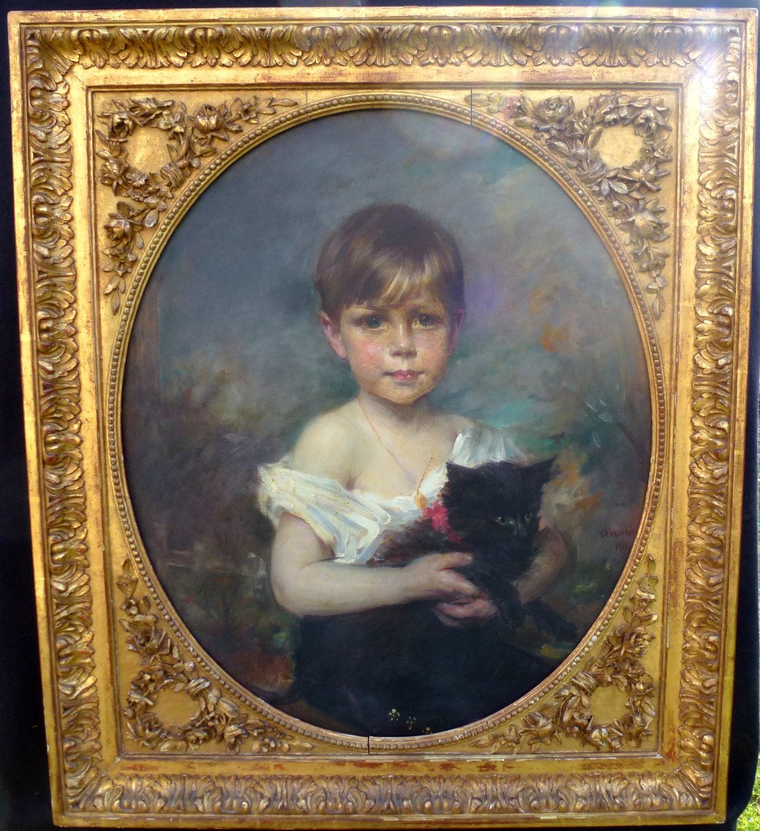 Charles Walhain Portrait Of A Young Boy With A Cat Oil/canvas Early 20th Century