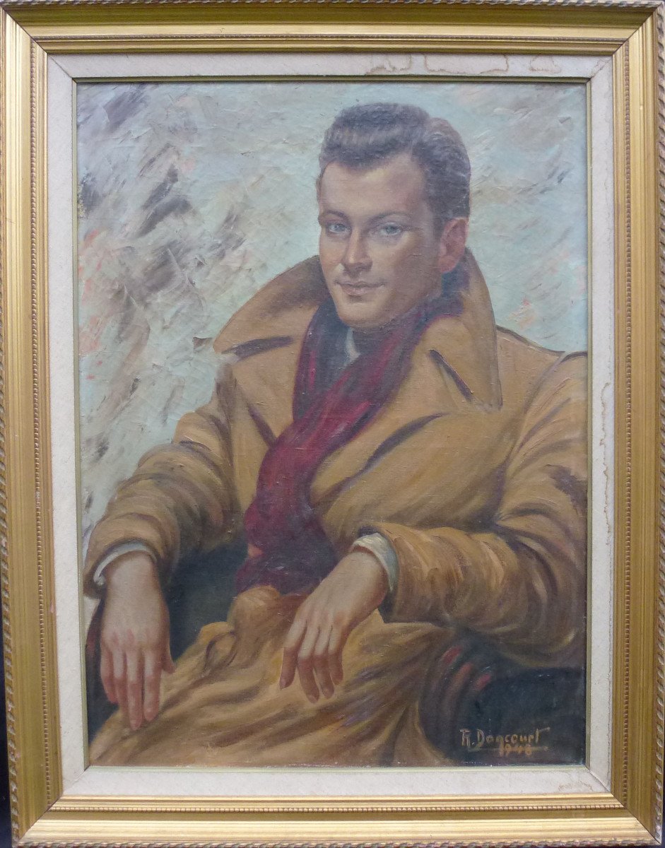 R. Dancourtportrait Of Man Oil On Canvas From The 20th Century Signed-photo-2