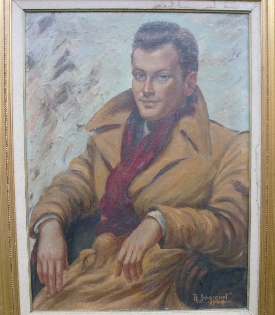 R. Dancourtportrait Of Man Oil On Canvas From The 20th Century Signed-photo-3
