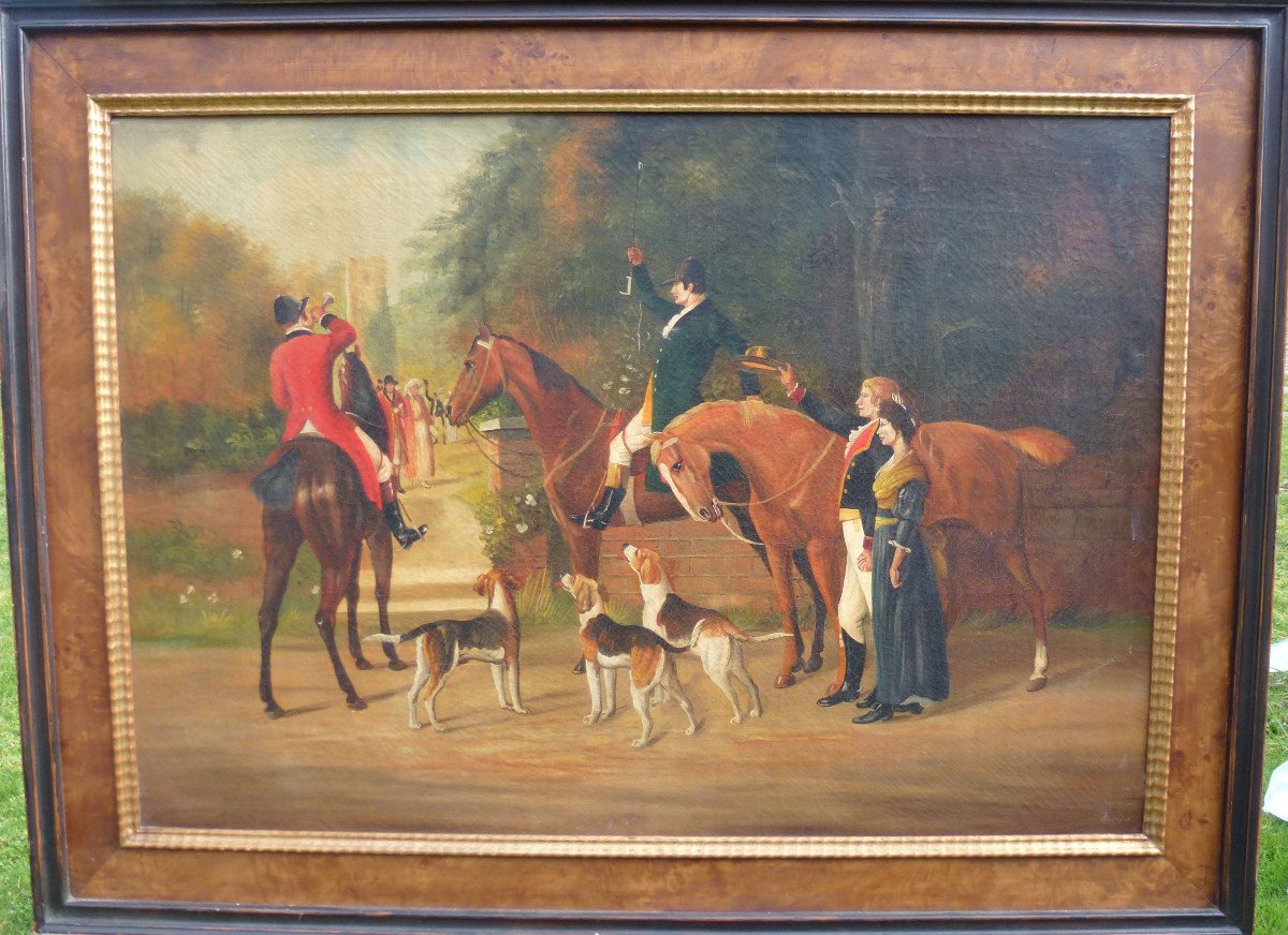 Genre Scene Table Departure From The Hunt With Hounds Oil / Canvas From The XIXth Century-photo-2