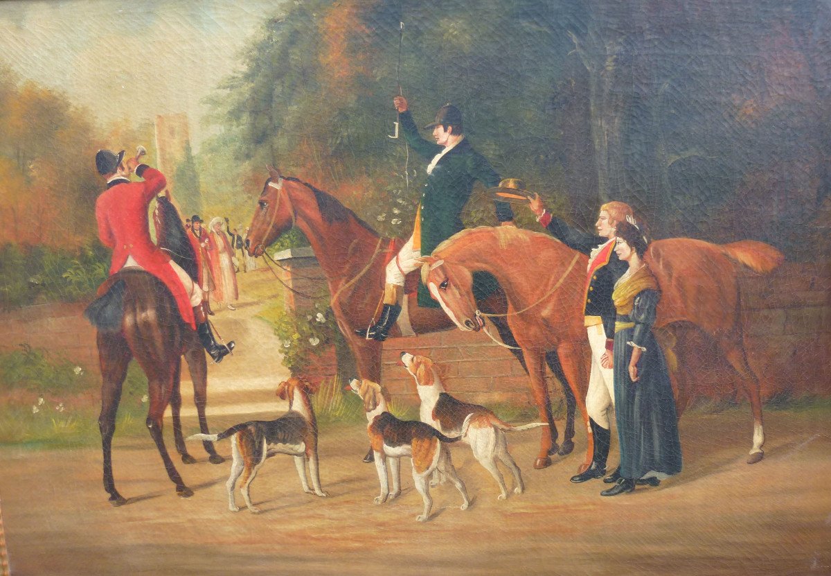 Genre Scene Table Departure From The Hunt With Hounds Oil / Canvas From The XIXth Century-photo-4