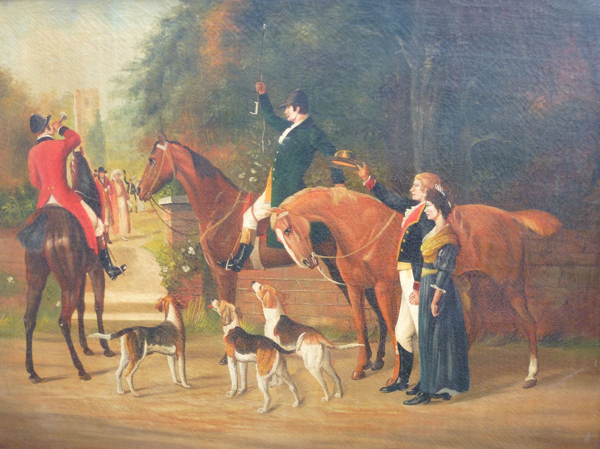 Genre Scene Table Departure From The Hunt With Hounds Oil / Canvas From The XIXth Century-photo-1