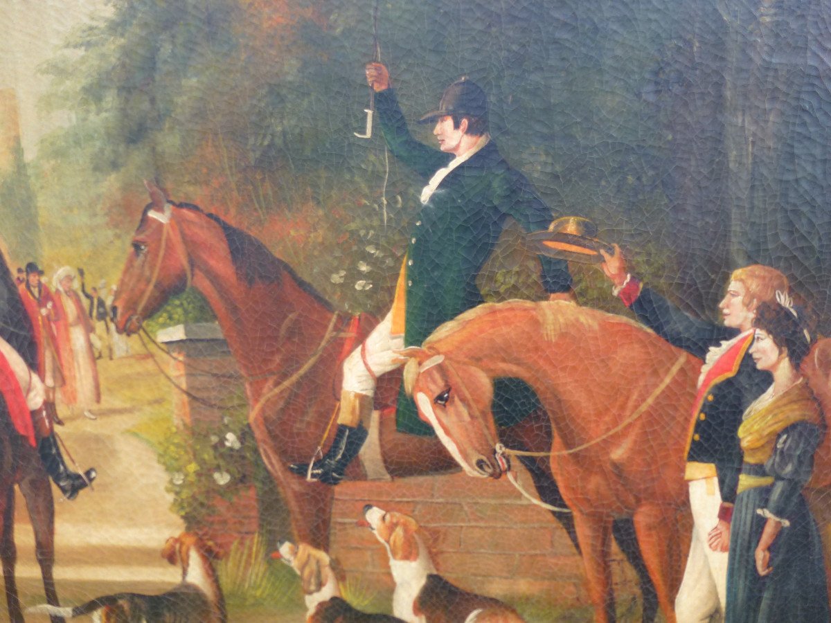 Genre Scene Table Departure From The Hunt With Hounds Oil / Canvas From The XIXth Century-photo-3