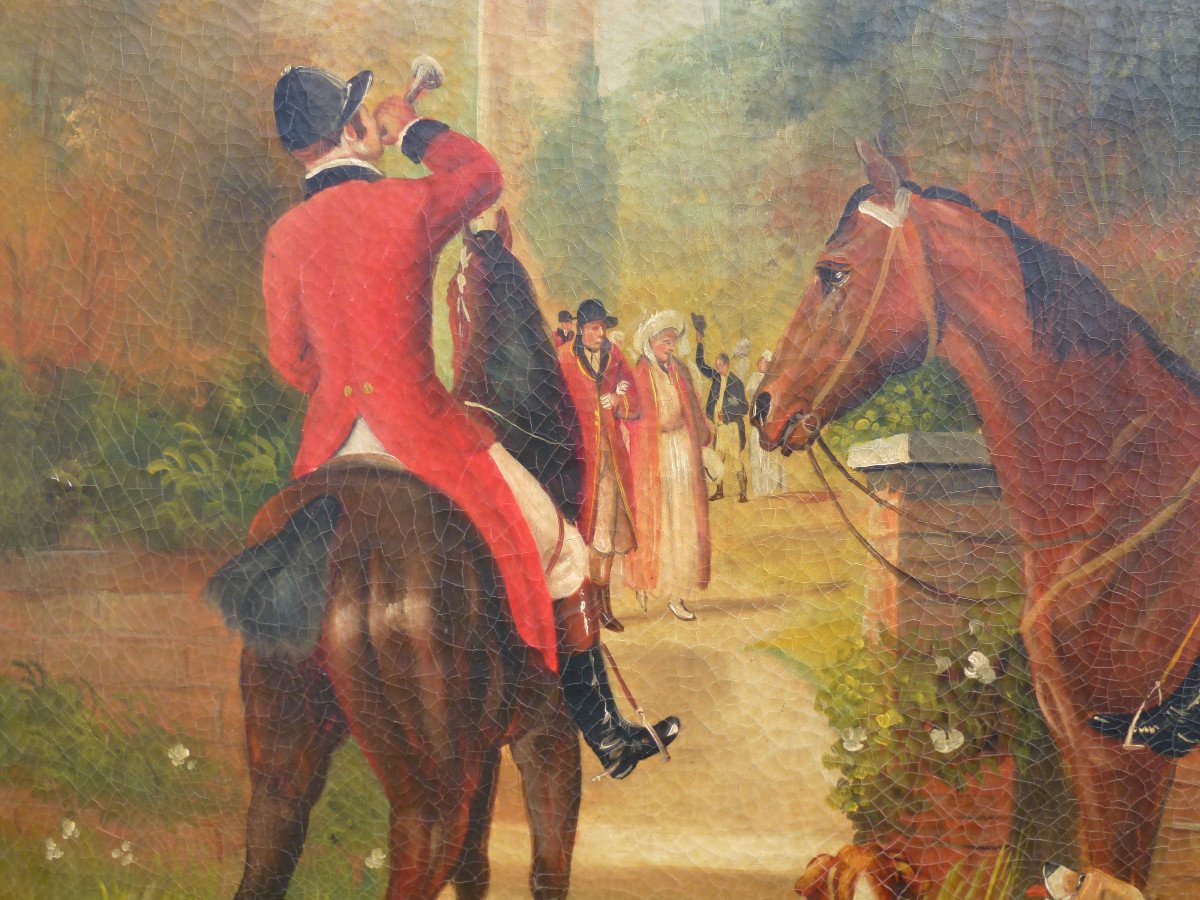 Genre Scene Table Departure From The Hunt With Hounds Oil / Canvas From The XIXth Century-photo-4
