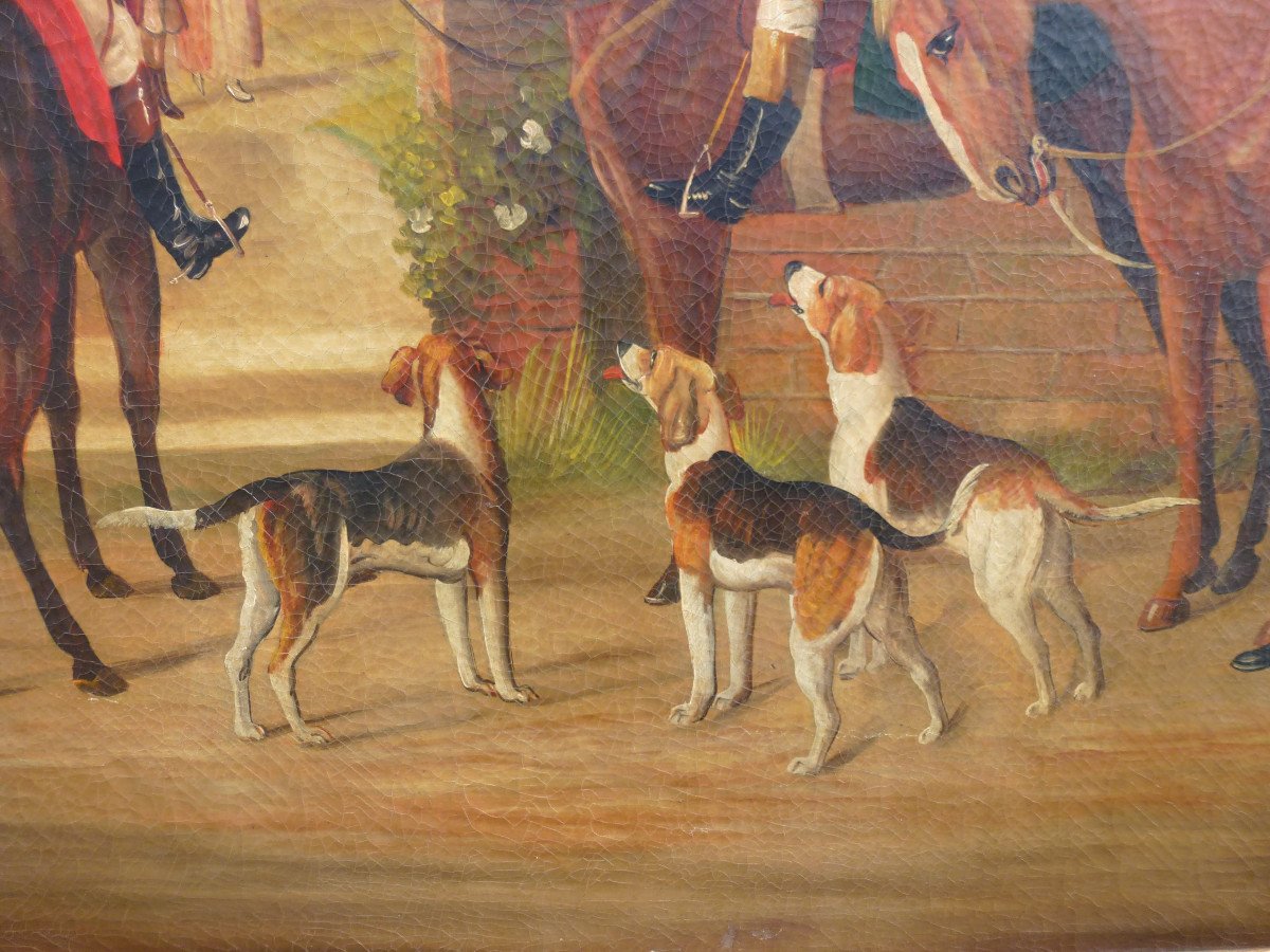 Genre Scene Table Departure From The Hunt With Hounds Oil / Canvas From The XIXth Century-photo-5