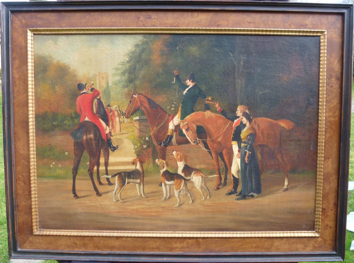 Genre Scene Table Departure From The Hunt With Hounds Oil / Canvas From The XIXth Century