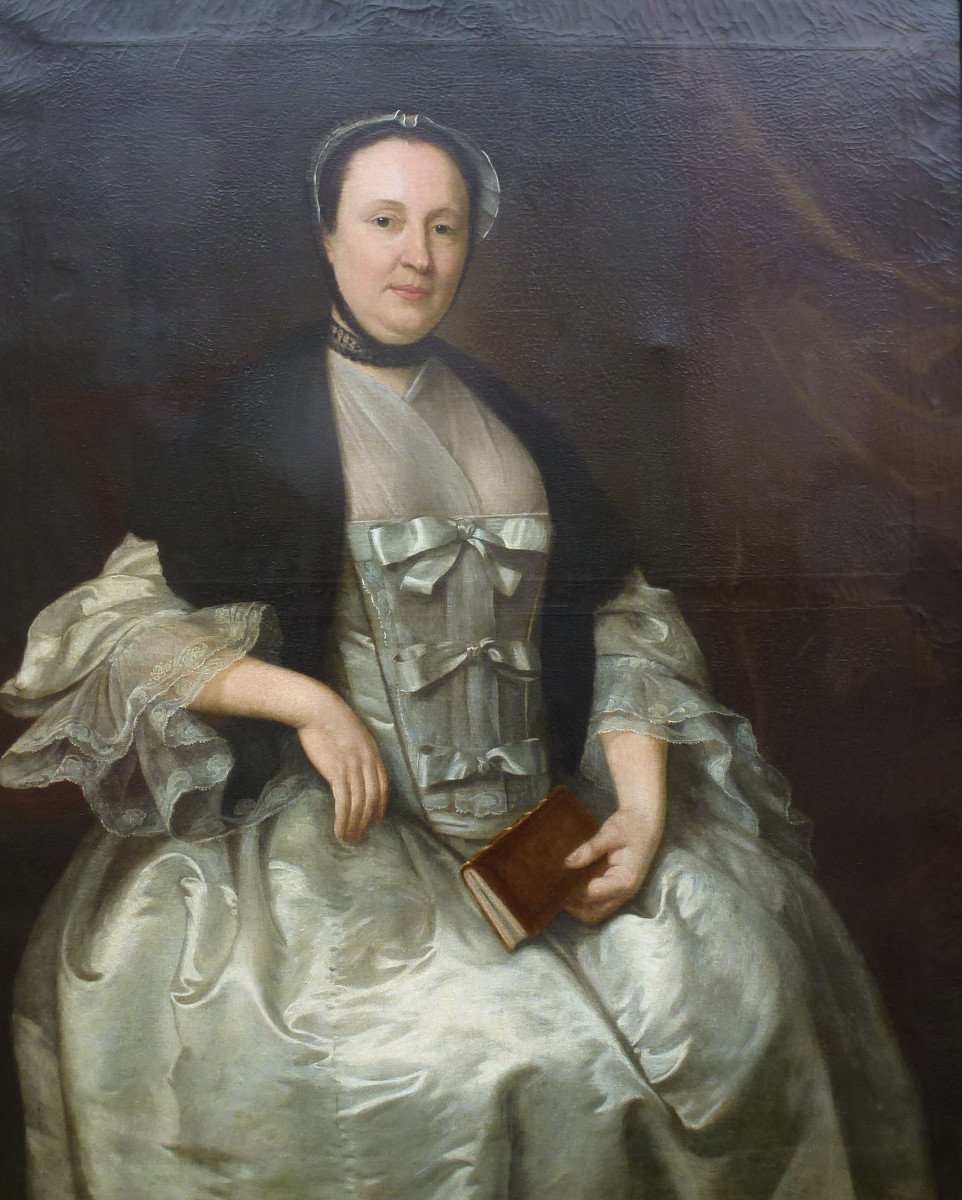 Grand Portrait De Femme d'Epoque Louis XV Huile/toile Du XVIIIème Siècle-photo-1