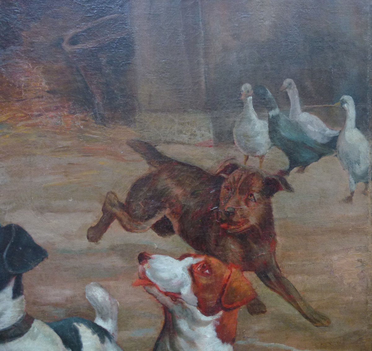 Grande Scène De Genre Chiens Dans La Cour Huile/toile Du XVIIIème Siècle-photo-3