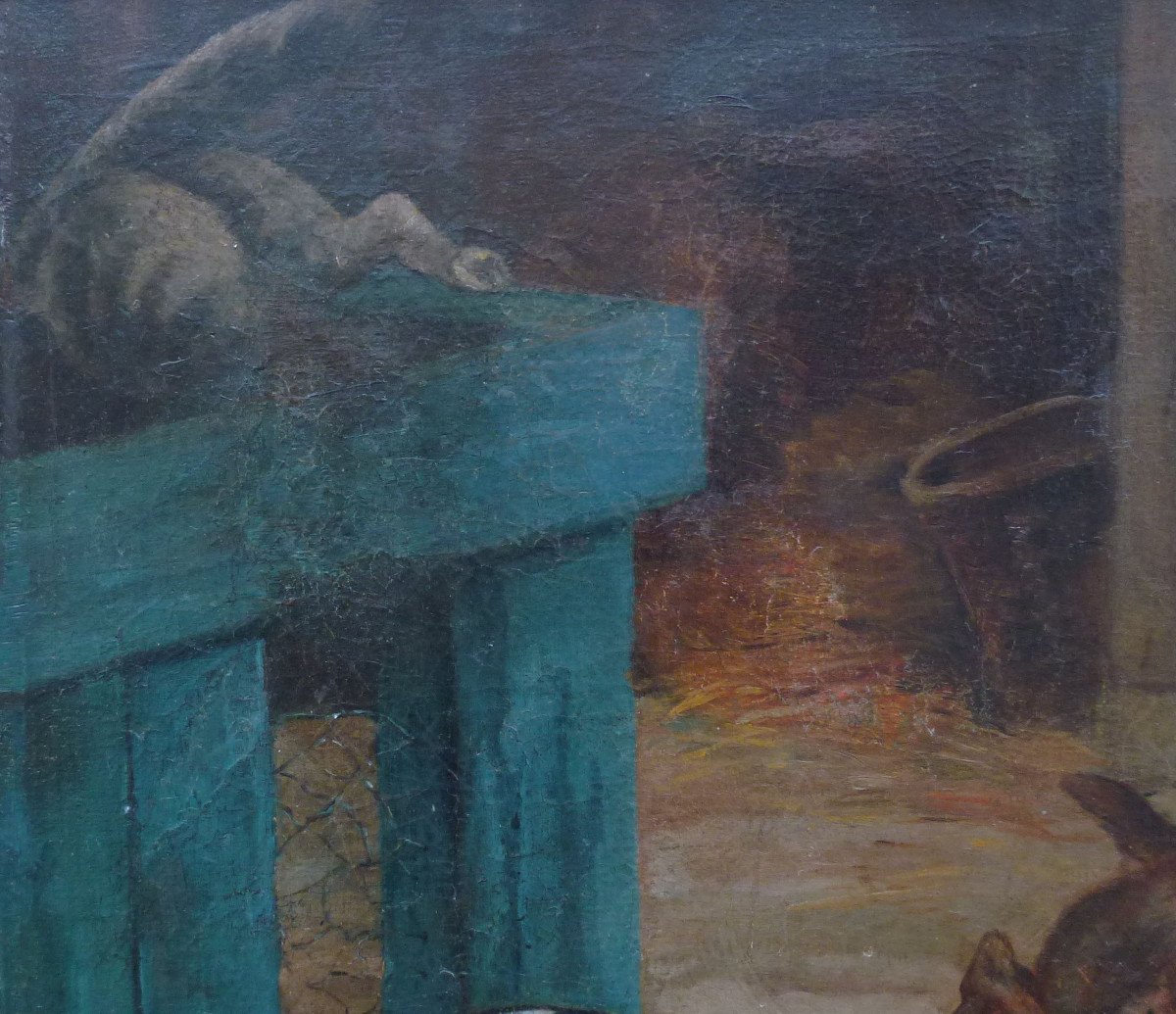 Large Genre Scene Dogs In The Courtyard Oil / Canvas From The Eighteenth Century-photo-4