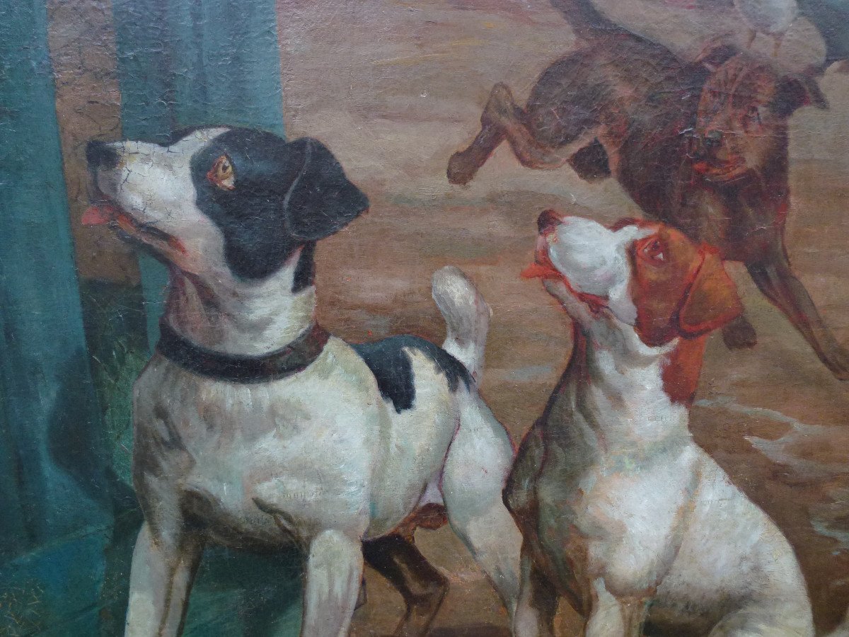 Grande Scène De Genre Chiens Dans La Cour Huile/toile Du XVIIIème Siècle-photo-5