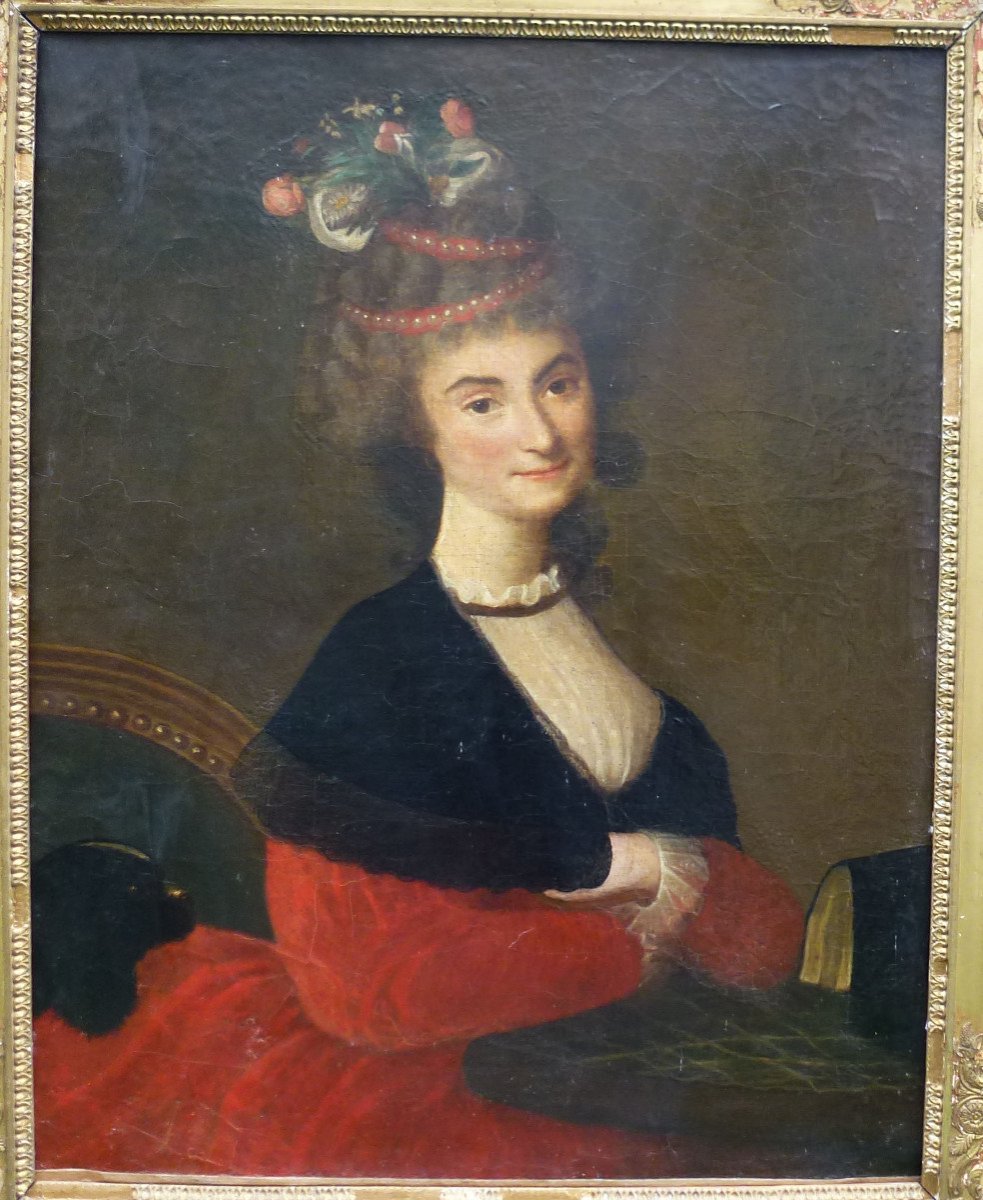 Portrait De Femme Au Chien d'Epoque Louis XVI Huile/toile Fin XVIIIème Siècle-photo-2