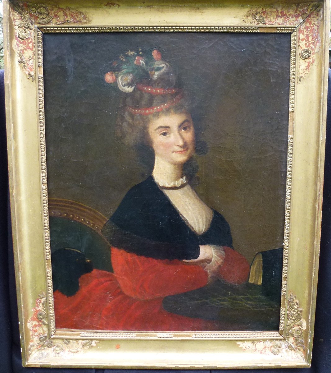 Portrait De Femme Au Chien d'Epoque Louis XVI Huile/toile Fin XVIIIème Siècle