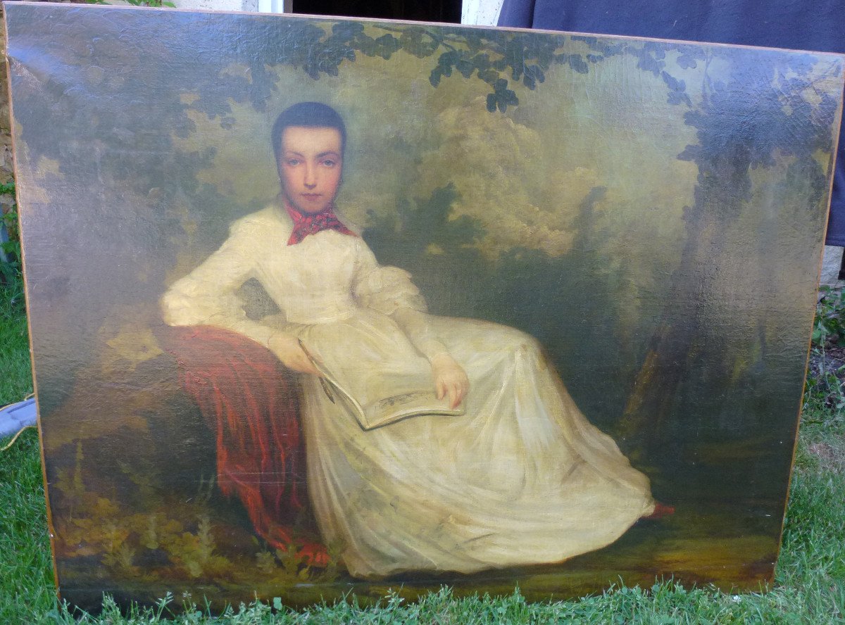 Portrait De Jeune Femme Au Parc Ecole Française Du XIXème Siècle Huile/toile-photo-2