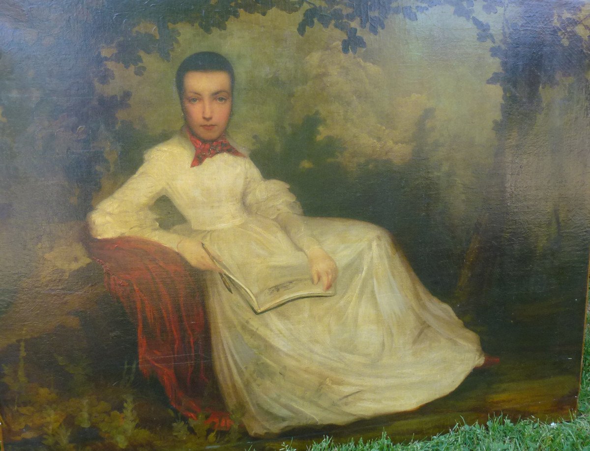 Portrait De Jeune Femme Au Parc Ecole Française Du XIXème Siècle Huile/toile-photo-3