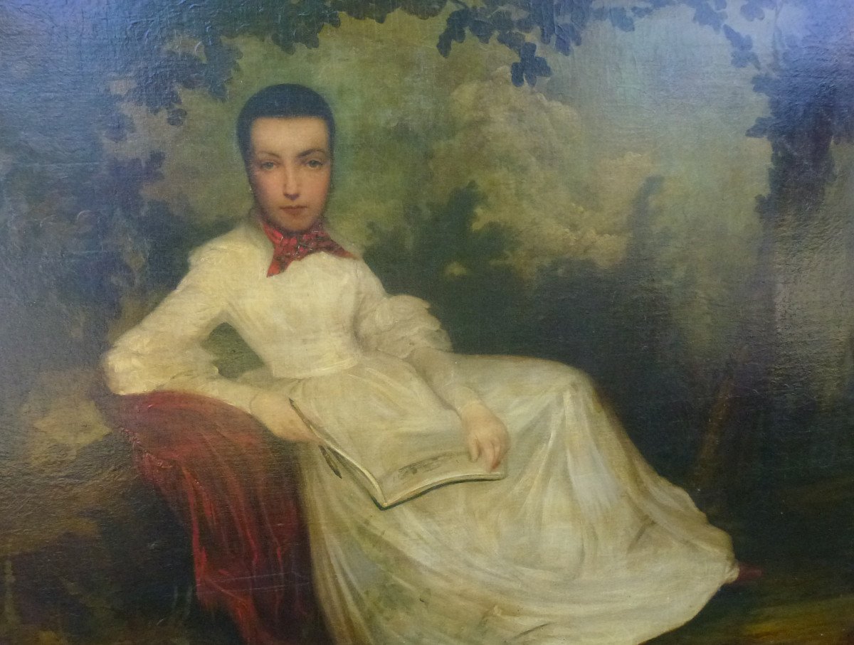 Portrait De Jeune Femme Au Parc Ecole Française Du XIXème Siècle Huile/toile-photo-4