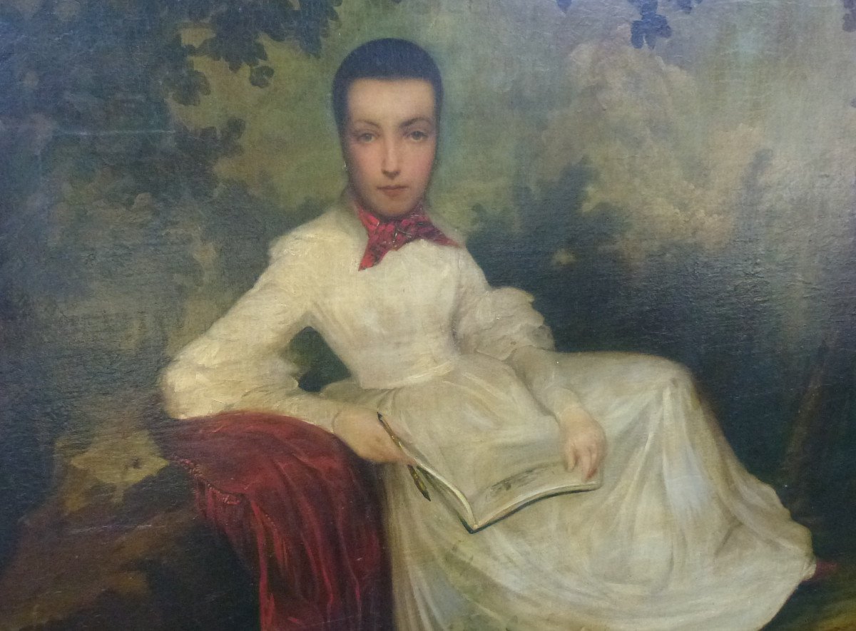Portrait De Jeune Femme Au Parc Ecole Française Du XIXème Siècle Huile/toile-photo-1