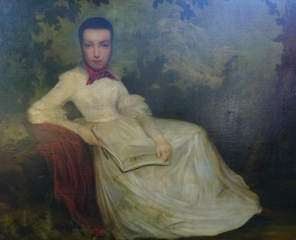 Portrait De Jeune Femme Au Parc Ecole Française Du XIXème Siècle Huile/toile-photo-4