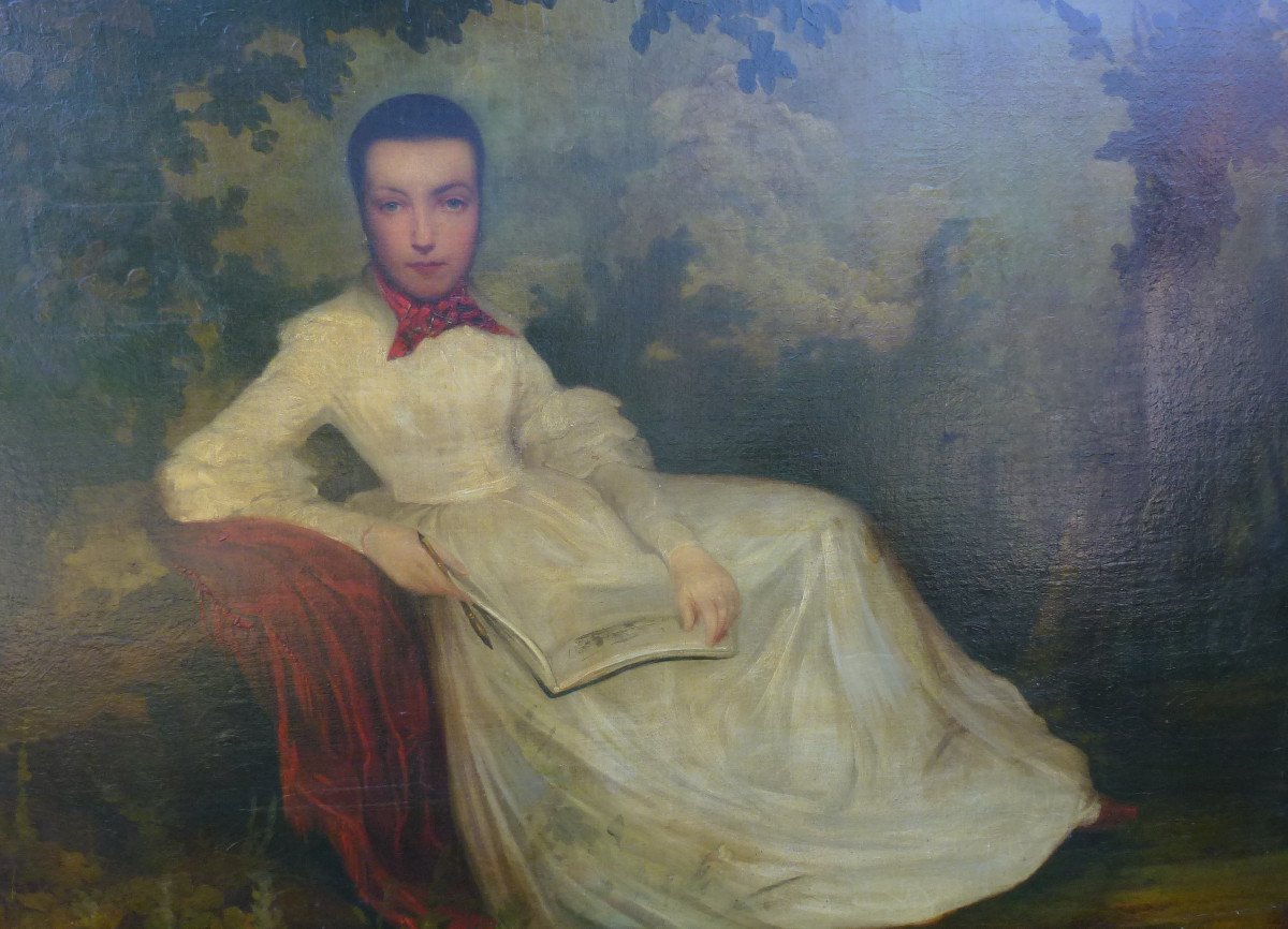 Portrait De Jeune Femme Au Parc Ecole Française Du XIXème Siècle Huile/toile-photo-7