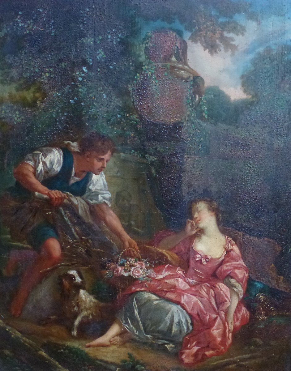 Genre Scene The Mysterious Basket After Boucher Oil / Panel XIXth Century-photo-1