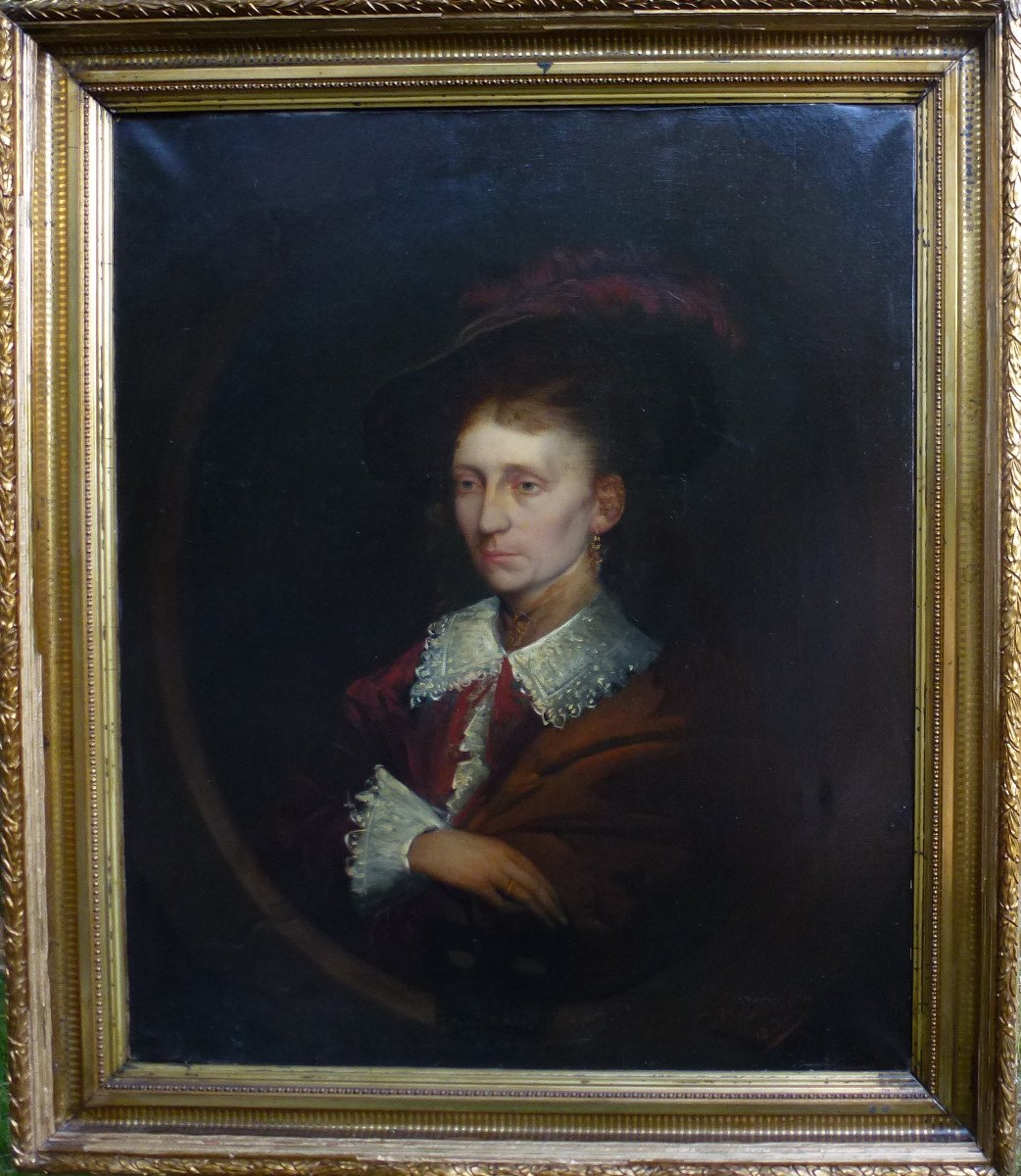 Damiens Portrait Of Woman In Hat Oil / Canvas From The XIXth Century Signed-photo-2