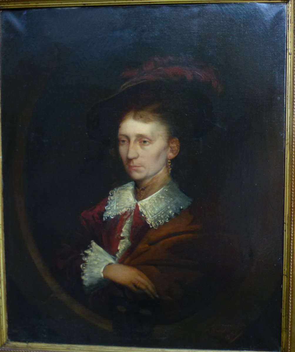 Damiens Portrait Of Woman In Hat Oil / Canvas From The XIXth Century Signed-photo-3
