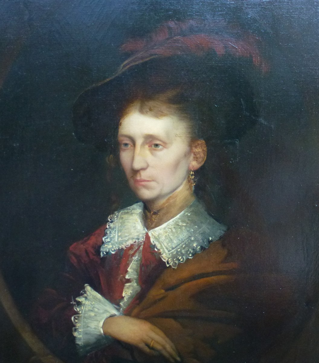 Damiens Portrait Of Woman In Hat Oil / Canvas From The XIXth Century Signed-photo-1
