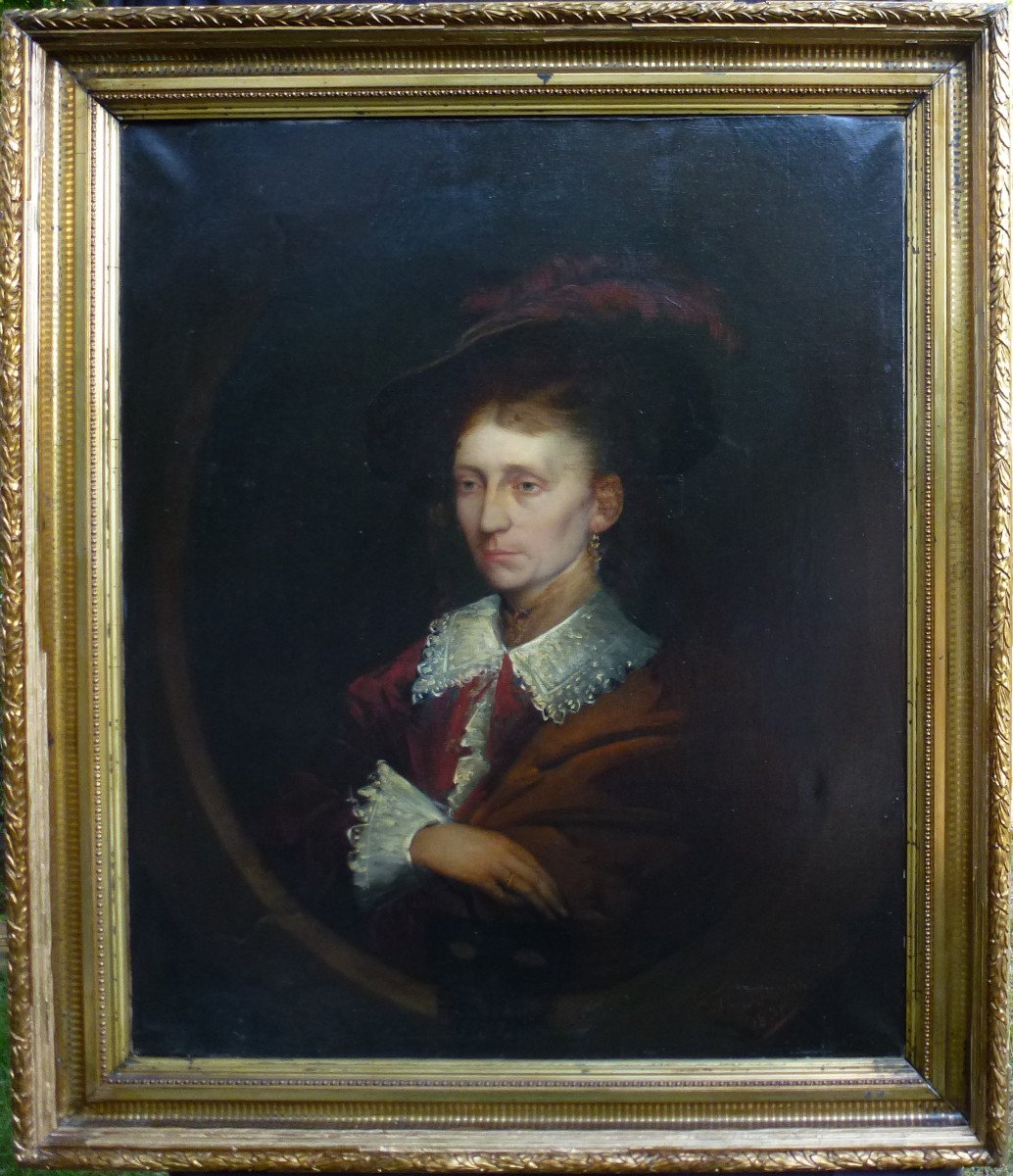 Damiens Portrait Of Woman In Hat Oil / Canvas From The XIXth Century Signed