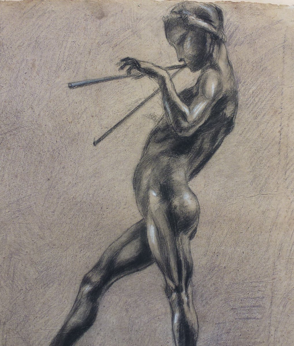 Céline Pommier Charcoal Drawing Flutist French School Of The 20th Century-photo-3
