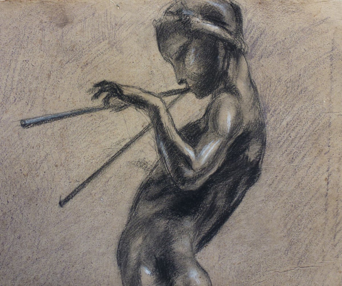 Céline Pommier Charcoal Drawing Flutist French School Of The 20th Century-photo-1